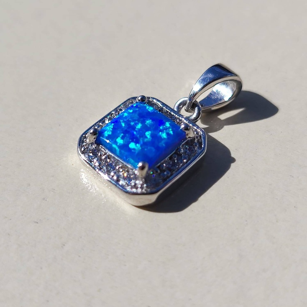 Vintage Sterling Silver Fire Opal Pendant Blue Square Halo Charm